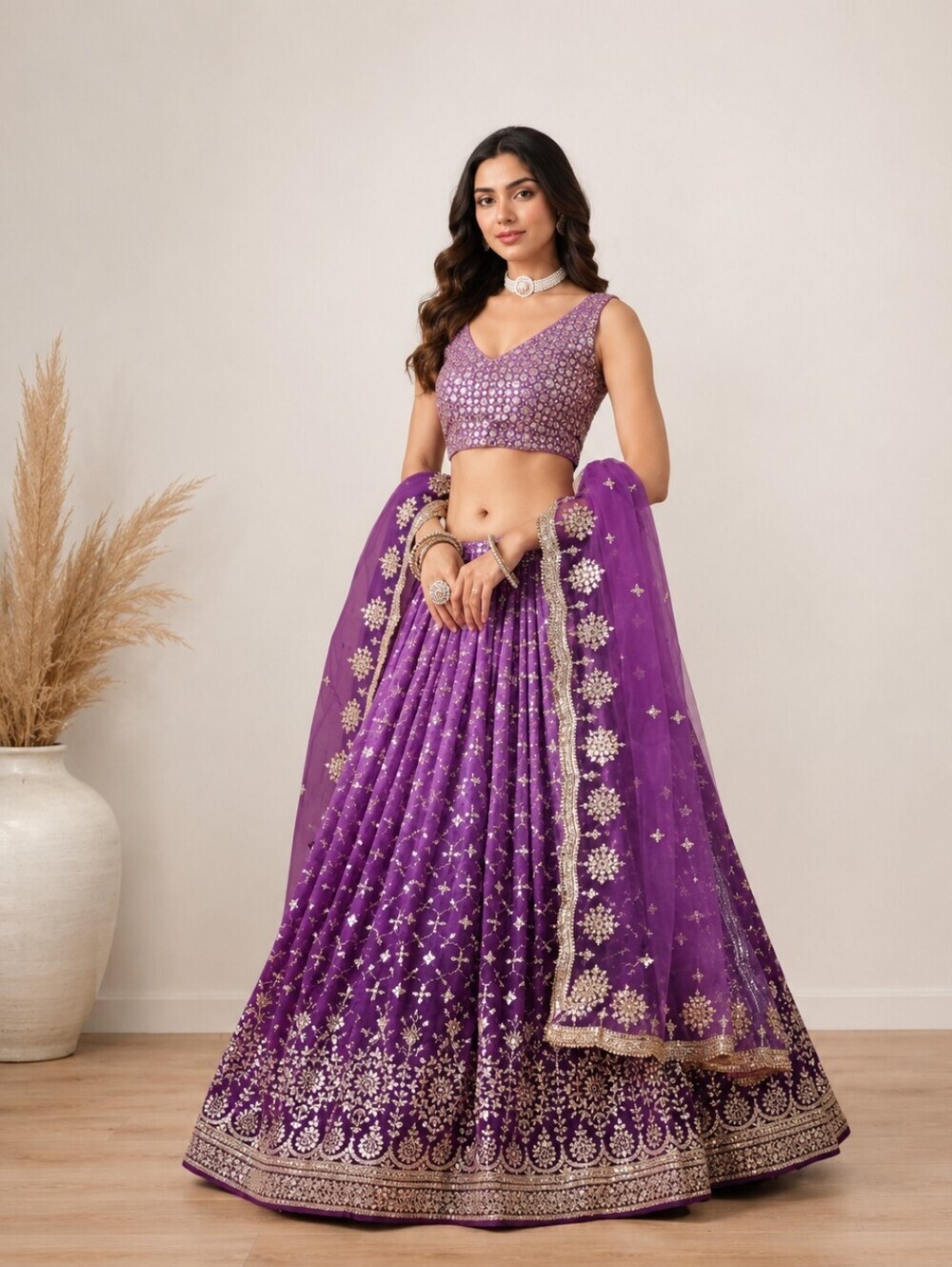 Gradient Dual-Tone Rani Purple Embroidered Lehenga Choli Set